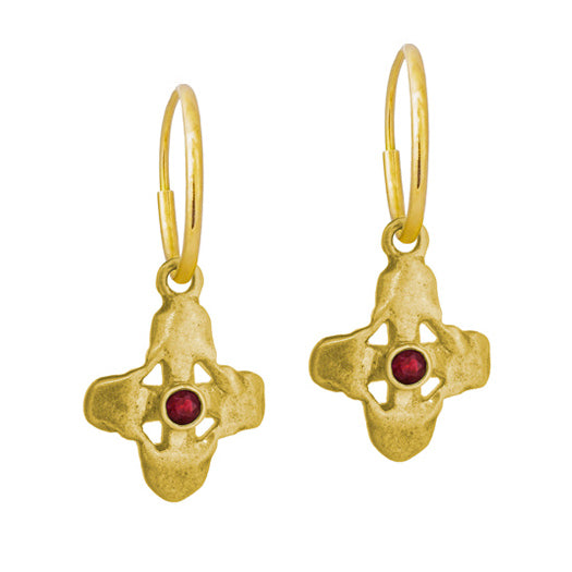 Gold Garnet Tiny Signature Cross • Endless Hoop Charm Earring-Brevard