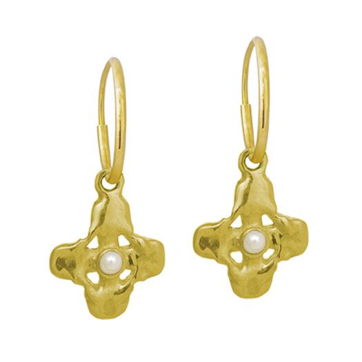 Gold Pearl Tiny Signature Cross • Endless Hoop Charm Earring-Brevard