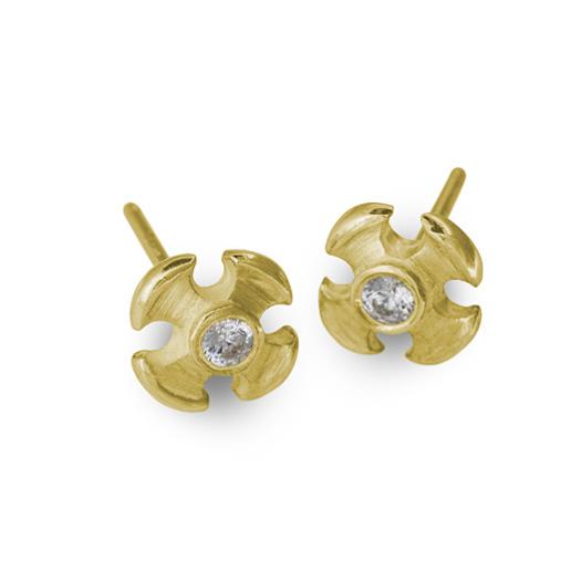 Gold Tiny Temple Cross Stud Earring with Stone-Brevard