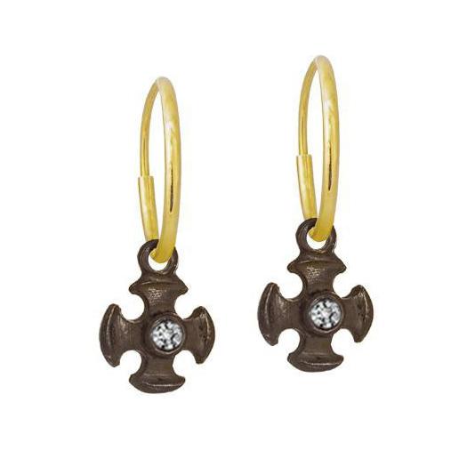 Oxidized Tiny Temple Cross with Stone • Endless Hoop Charm Earring-Brevard