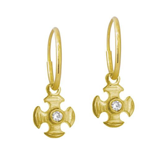 Gold Tiny Temple Cross with Stone • Endless Hoop Charm Earring-Brevard