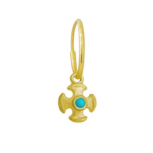 Gold Turquoise Tiny Temple Cross • Endless Hoop Charm Earring-Brevard