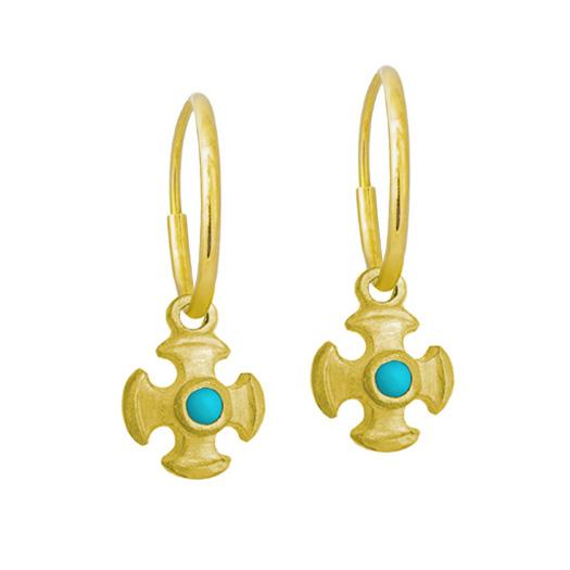 Gold Turquoise Tiny Temple Cross • Endless Hoop Charm Earring-Brevard
