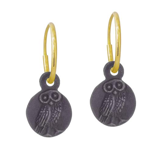 Oxidized Tiny Athena Owl • Endless Hoop Charm Earring-Brevard