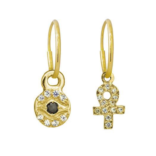 Gold Tiny Pavé Eye + Tiny Pavé Ankh • MISMATCH ENDLESS HOOP CHARM EARRING PAIR-Brevard