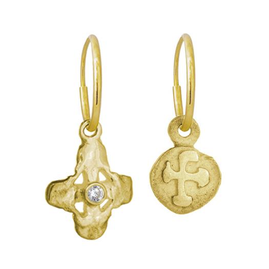 Gold Tiny Signature Cross with Stone + Tiny Marina Coin • MISMATCH ENDLESS HOOP CHARM EARRING PAIR-Brevard